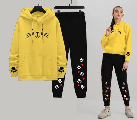 Purrfectly Cozy: Paw Print & Whiskers Yellow Hoodie Set