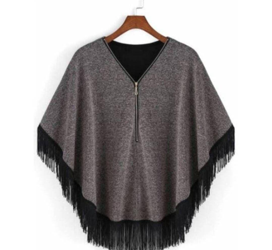 Chic Grey Poncho with Black Fringe & Front Zipper - Elegant Layered Look